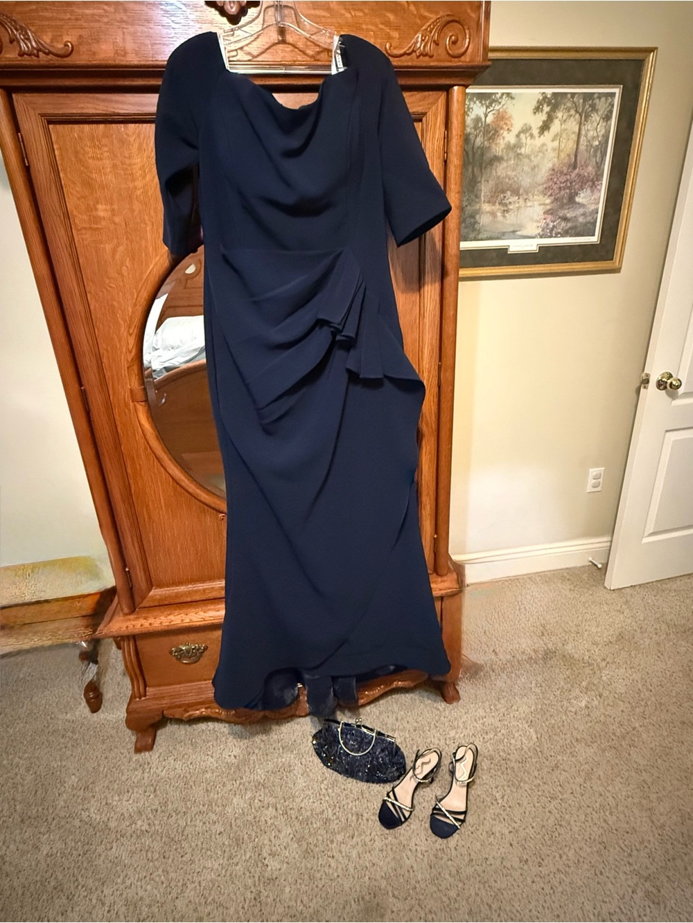 Jovani Navy Blue Draped Long Sleeve Evening Gown